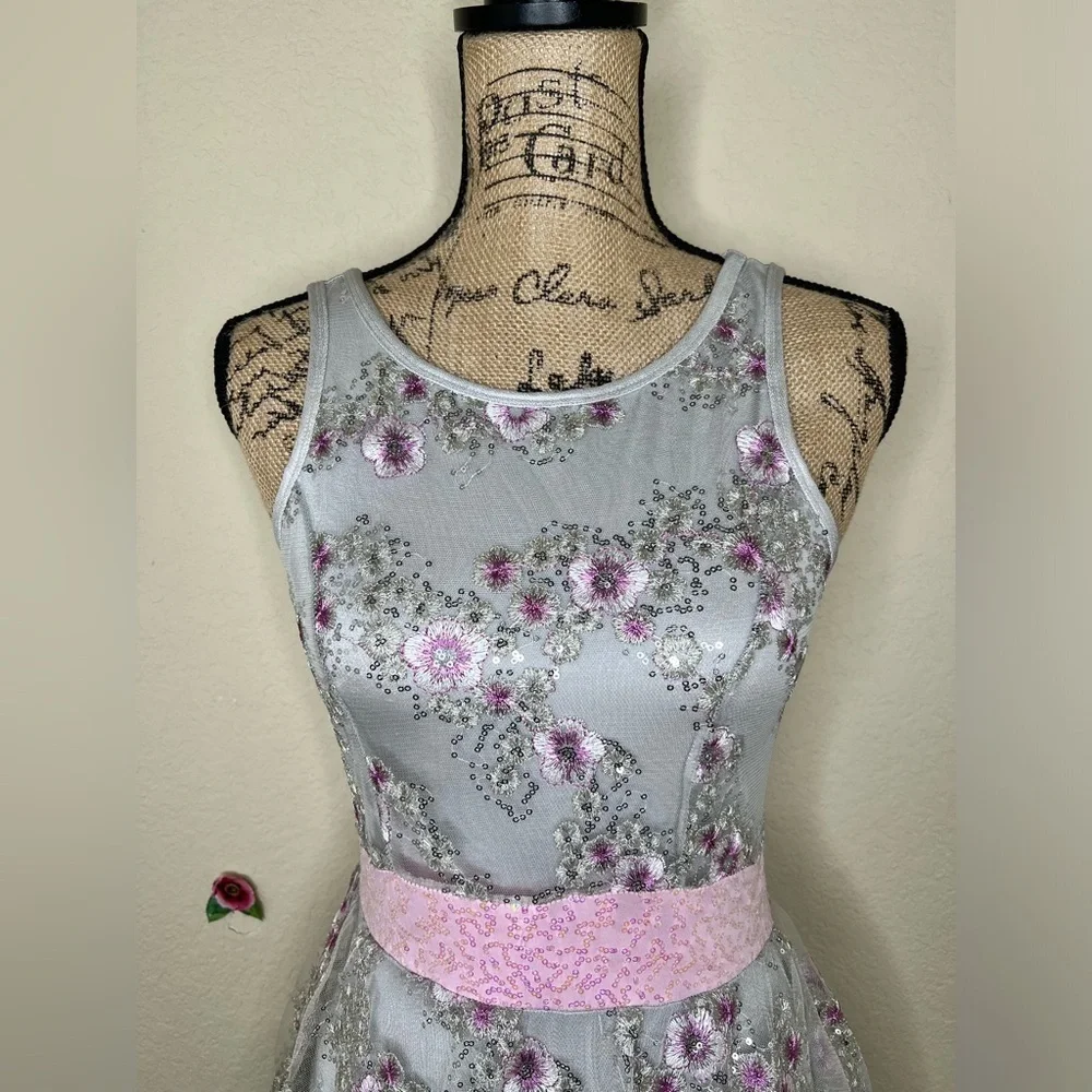 Curtain Call E1179 Child Large Lyrical Dance Costume Silver Floral Sequin CLA